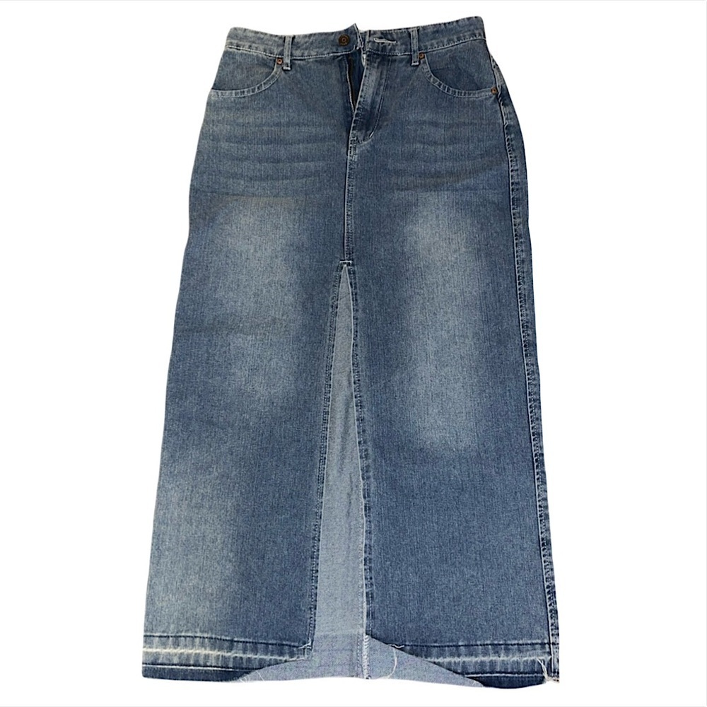 Light Jean Skirt Front Slit Lightly Distressed Ends